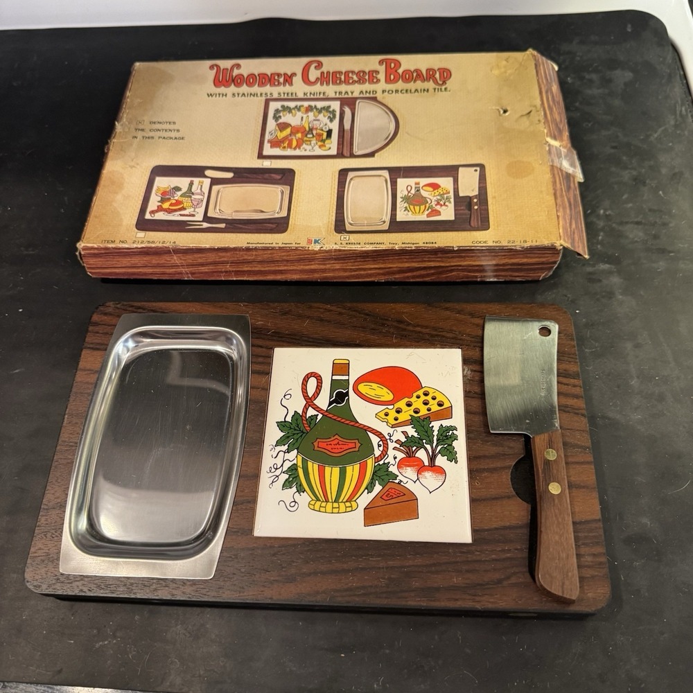 Vintage 1970s Wooden Cheese Board Set with Knife, Tray, and Porcelain Tile‎